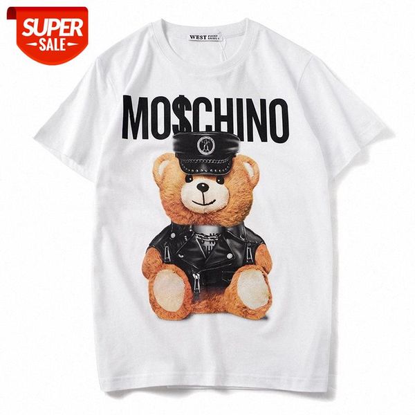 

t shirt european and american personality street fashion brand small leather hat brown bear t-shirt men women pure cotton lovers loose #ya7o, White;black