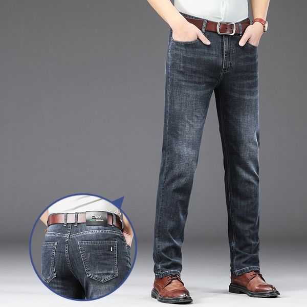 

men's spring and summer stretch cotton loose straight leisure middle aged dad business jeans pants, Blue