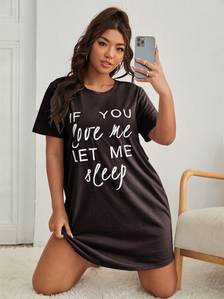 

plus slogan graphic night dress y7j1#, Black;white