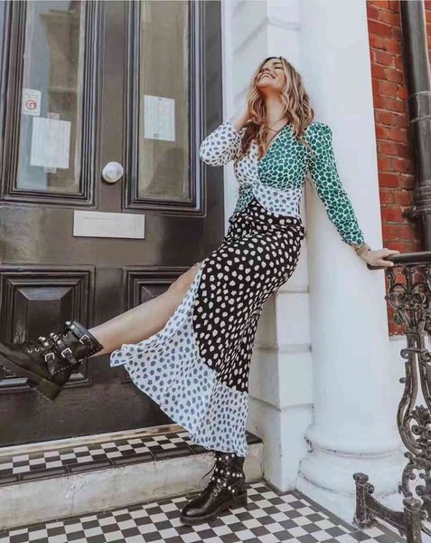 

autumn vintage print plaid chiffon long sleeve v neck contrast color stitching split women es casual slit vestido, Black;gray