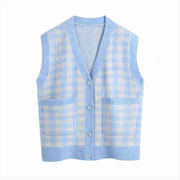 

merodi women fashion double sweaters pockets jewellery button za spring knitted cardigans vest female casual v neck plaid blue, White;black