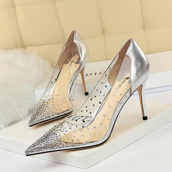 

fashion nightclub high-heeled shoes stiletto shallow mouth pointed transparent hollow rhinestone single dress, Black