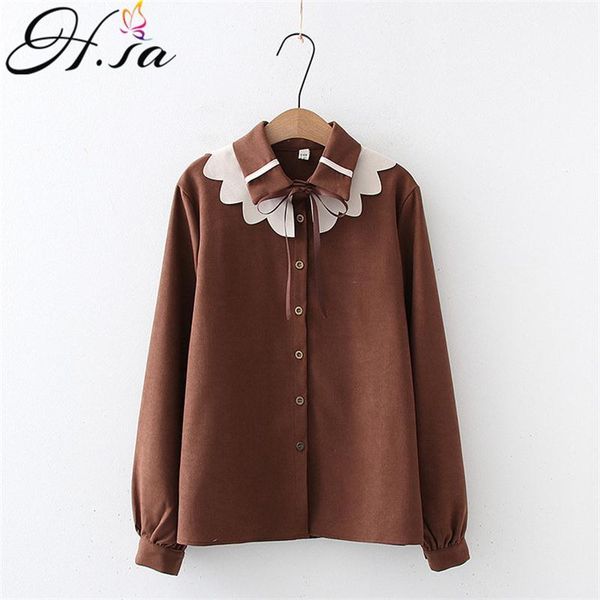 

hsa women spring long sleeve blouses and floral neck bow tie cute outer shirts loose office lady warm velvet winter shirt 210417, White