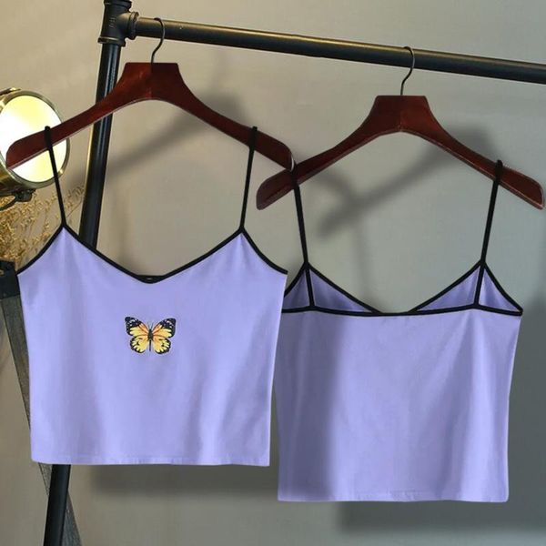 

women's casual butterfly printing v-neck splicing small sling vest tanks & camis, White