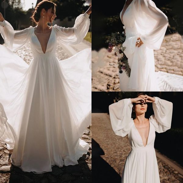 

2021 boho beach wedding dresses bride gown long sleeves chiffon deep v neck sweep train custom made plus size vestidos de noviacountry, White