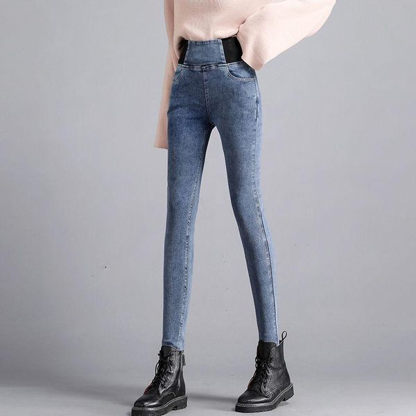 

plush autumn and winter high waist elastic jeans women's leggings belly size big fat mm pants, Blue
