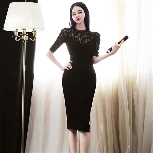 

summer elegant office lady pencil dresses women lace patchwork slim sheath bodycon party vestidos 210519, Black;gray
