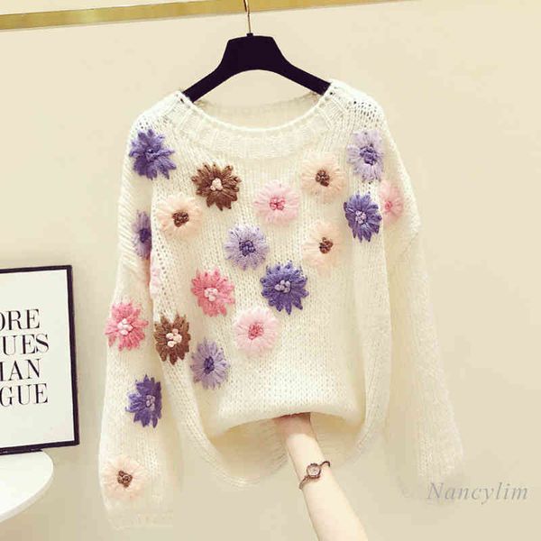 

autumn winter long sleeve sweater women's fashion clothes heavy-duty hook embroidery flower pullover loose knit a4470 210428, Black;gray