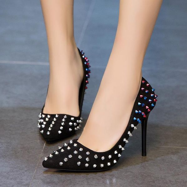 

dress shoes colorful rivet super high heels women pointed toe stiletto thin party pumps black khaki 2021