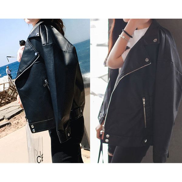 

2021 fashion new women's autumn/winter leather jacket oversized boyfriend style korean women's faux jacket black motorcycle jacket, Black;brown