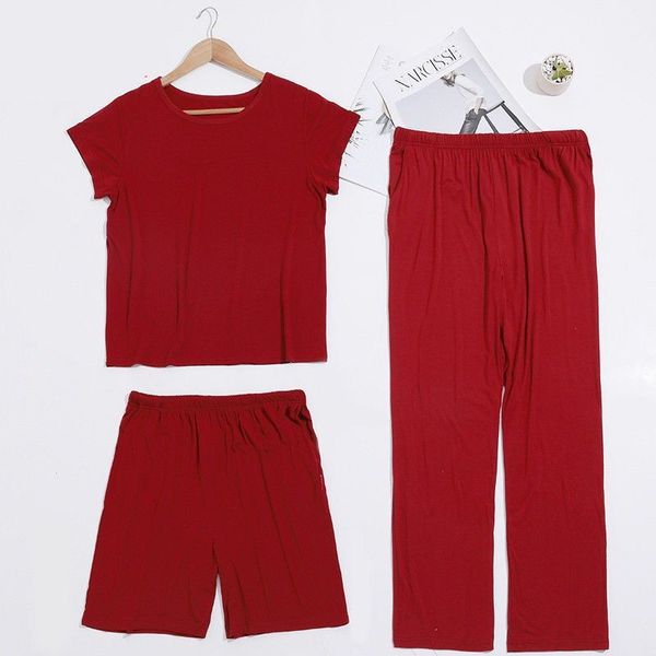 

women's sleepwear 3 piece/set modal cool pajamas set solid color soft elastic female pyjama big size 4xl cozy women pjs kpacotakow, Black;red