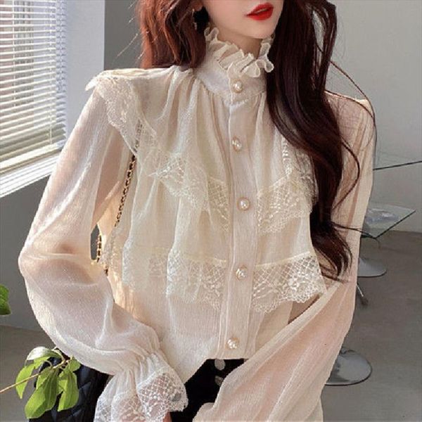 

spring and vintage womens blouses chiffon button long sleeve elegant women korean style ladies chic, White