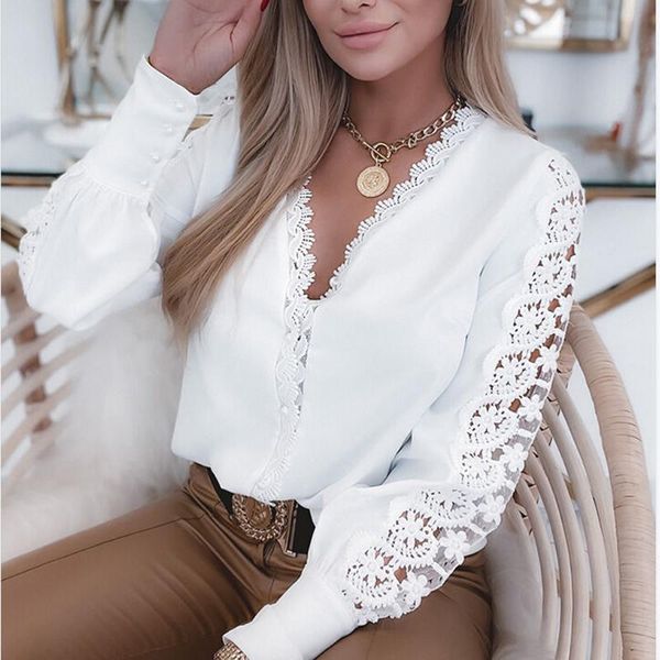 

women's blouses & shirts autumn winter long sleeve blouse women 2021 v-neck lace hollow out casual loose solid white female harajuku sh