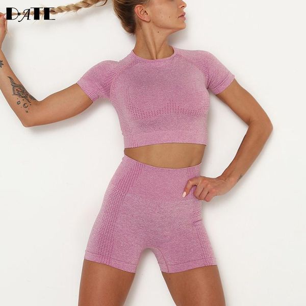 

yoga outfit two-piece fitness sports set seamless short sleeve shirt leggings pants suit sportswear gym women workout training clothing