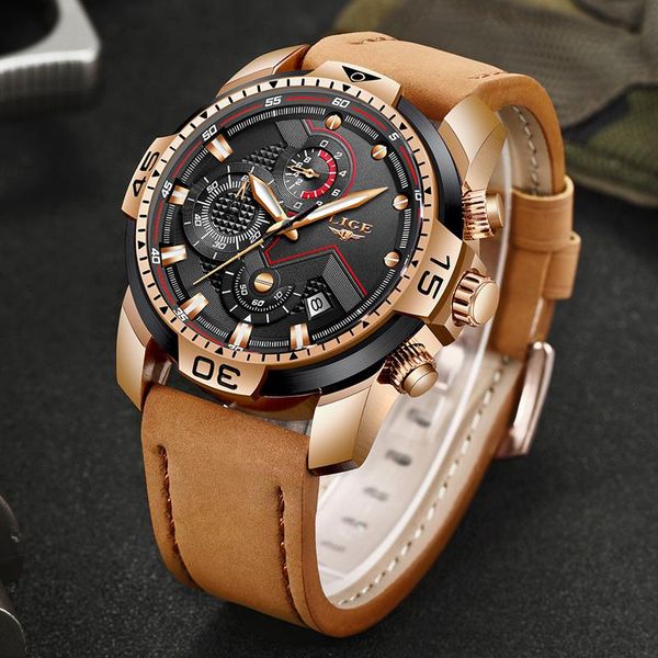 

wristwatches 2021 lige fashion chronograph casual leather waterproof quartz men watches military sport watch relogio, Slivery;brown