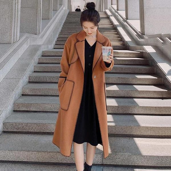 

women's wool & blends [ewq] autumn winter 2021 medium long notched single button women loose embroidery sewing double-sided woolen over, Black
