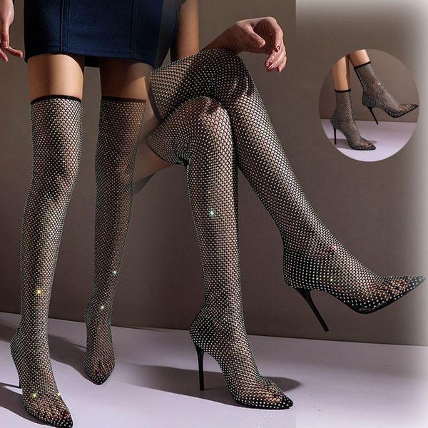 

boots diamond pointed hollow net knee elastic high heel walk show large size night club shoes, Black