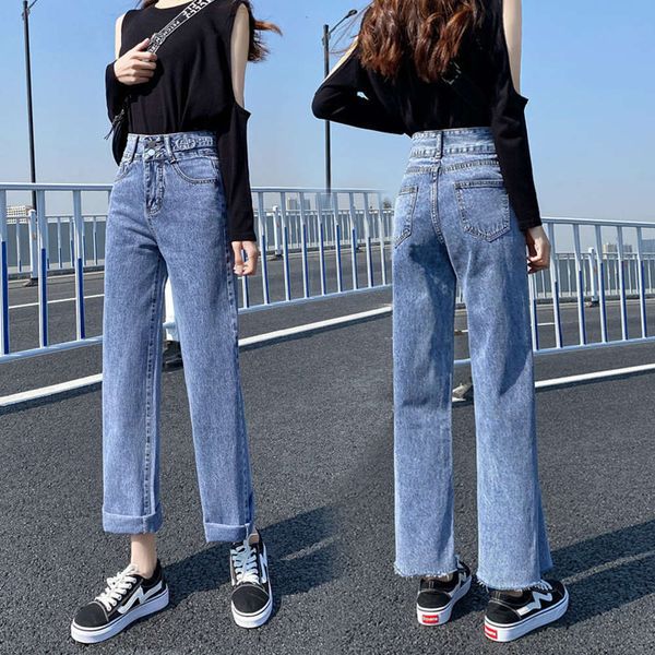 

autumn high waist wide leg light color loose casual slim nine pants, Blue