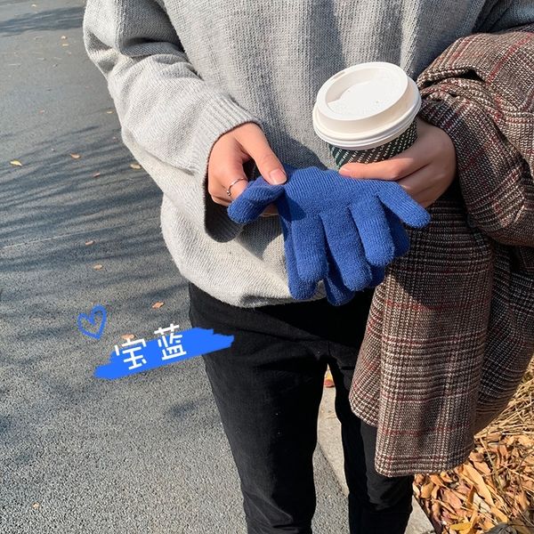 

m8YS korean ins touch screen female mittens warm wool gloves winter solid color versatile student cute gloves five finger wool knitting cou, Blue;gray