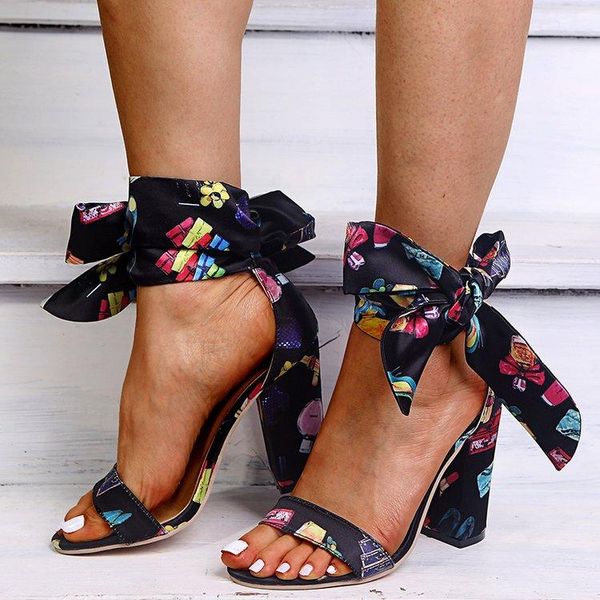 

sandals 2021 women summer bowknot high square heel open toe leather heels pumps shoes female fashion gladiator ankle strap, Black