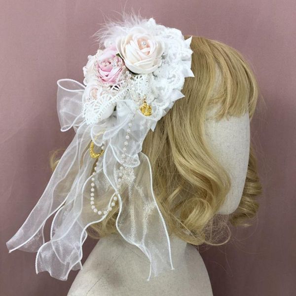 Kopfbedeckungen T84B Japanische Lolita Motorhaube Süße Spitze Künstliche Blume Perle Perlen Top Hut Kawaii Band Schleife Feder Seite Haarspange Gothic