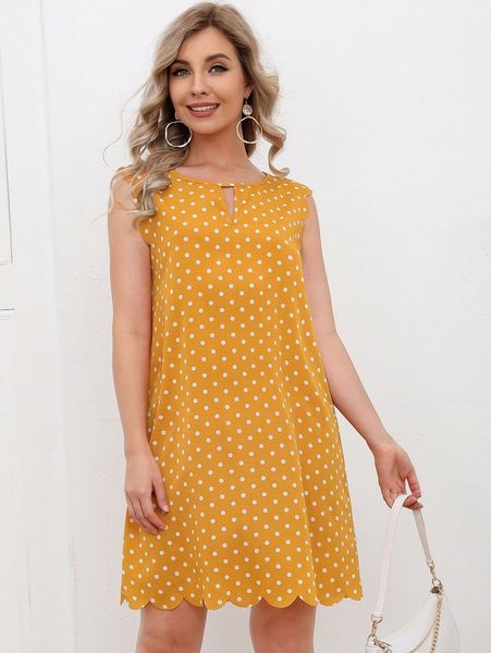 

polka dot scallop trim dress r2gj#, Black;gray