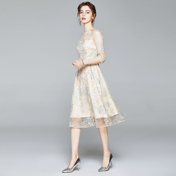 

women summer designer elegant embroidery mesh dress female slim wedding party robe ladies apricot vintage dresses vestidos 210525, Black;gray