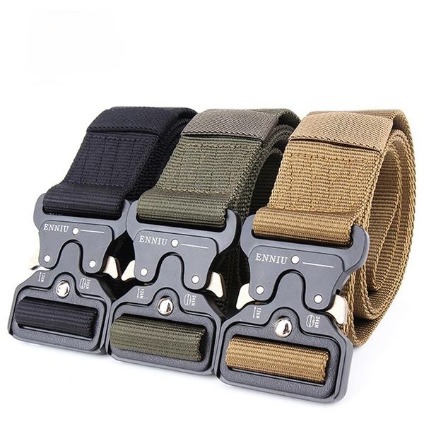 

waist support men's military tactical belt nylon training metal multifunctional buckle outdoor sports hook automatic, Black;gray