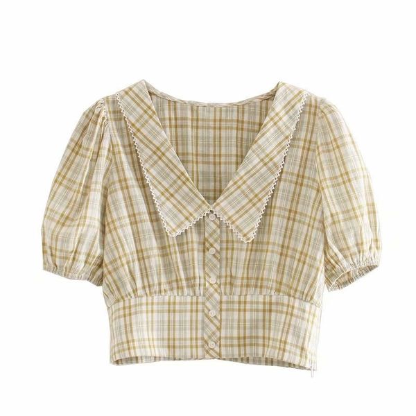 

hsa women v neck puff sleeve plaid casual short blouse female turn down collar shirt chic button blusas 210417, White