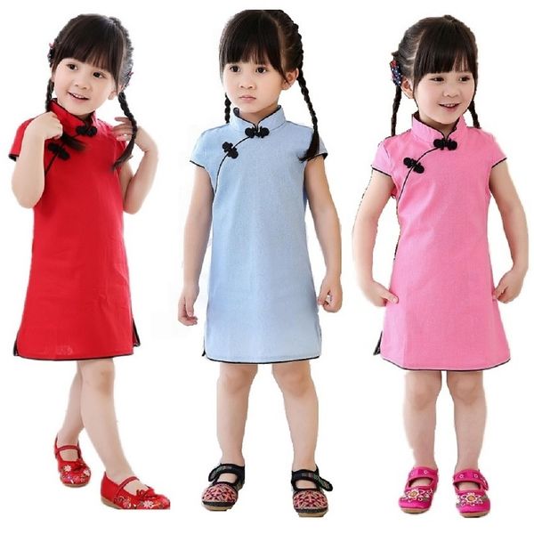 Katı Bebek Kız Elbise Çin Yeni Yıl Geleneksel Qipao Çocuk Chi-Pao Çocuklar Cheongsam Keten Kızın Giysileri Yaz Tops 210413