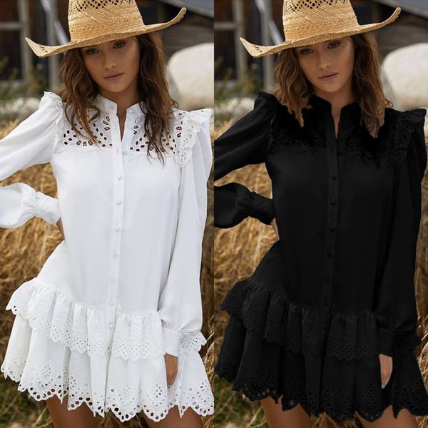 

women's autumn fashion hollow lace shirt dress, Black;gray
