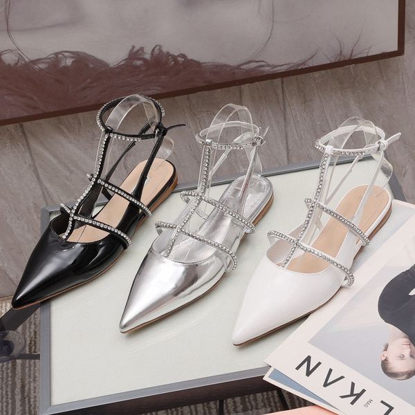 

pointed flat sandals women's singles shoes rhinestone one word with back space strap slippers women summer high-heeled, Black
