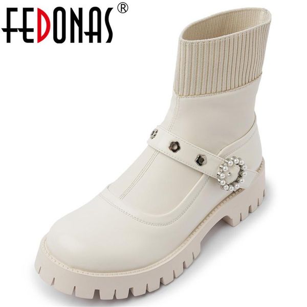 

boots fedonas pearl decoration shoes woman 2021 winter genuine leather chunky heels pumps for women working round toe ankle, Black