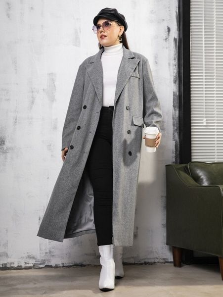 

plus double breasted lapel neck overcoat d2uu#, Black