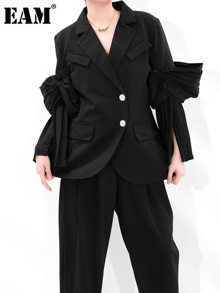 

women's suits & blazers [eam] women pleated irregular black blazer lapel long flare sleeve loose fit jacket fashion spring autumn 2021, White;black