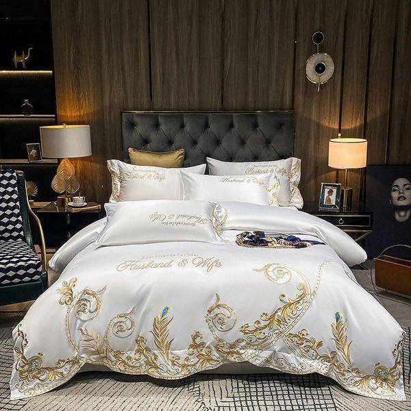 

white satin cotton gold embroidery duvet cover set 4pcs  king size bedding bed sheet pillowcases sets