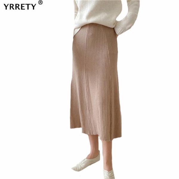 

autumn winter wrappedÂ pleatedÂ skirts women stretchable thick warm knitted mid-calf high waist swing side streetwear skirts, Black