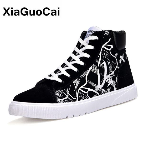 

boots men shoes casual ankle spring autumn fashion graffiti high canvas footwear breathable male flats arrival 2021, Black