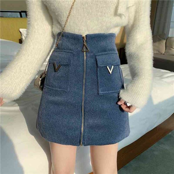 

eachin women high waist tweed skirt women autumn winter fashion front zip slim a line mini skirt female korean bottom skirt, Black