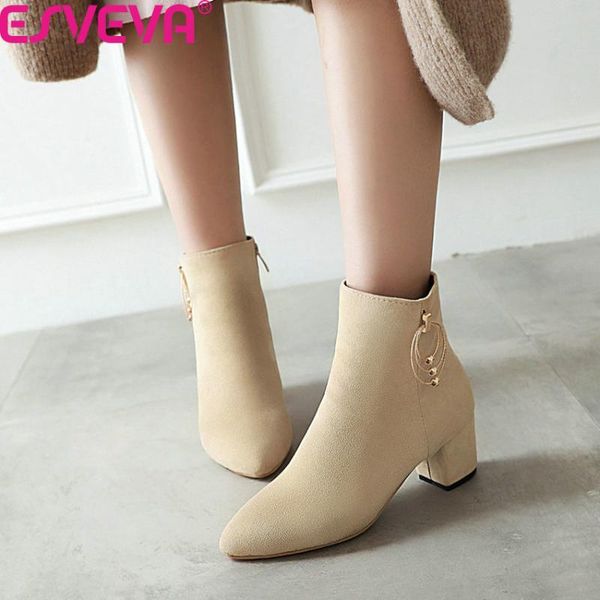 

boots esveva 2021 fashion metal decoration scrub autumn winter ankle square heel warm fur zipper all match women shoes size34-43, Black