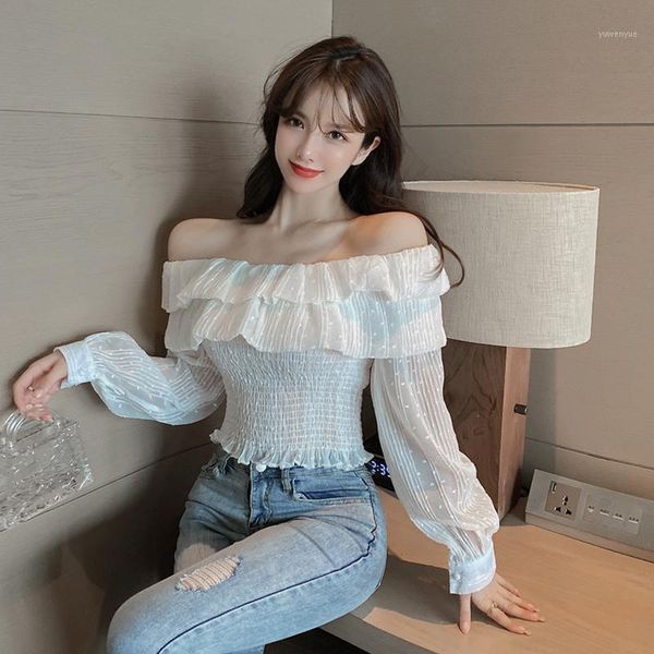 

women's blouses & shirts word shoulder fashion clothing 2021 early autumn short paragraph chiffon pleats ruffle shirt women, White