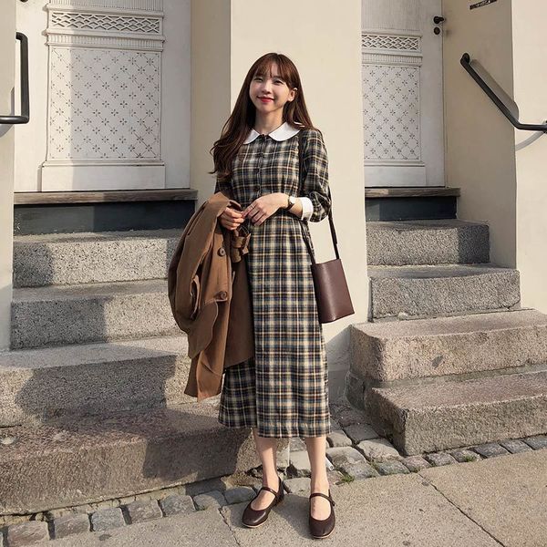 

plus size autumn girls boho party female vintage dress plaid buttons collar sleeve women dresses long robe vestido 210417, Black;gray