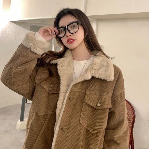 

women's wool & blends all-size long-sleeved corduroy jacket fashion loose furry lapel mid-length thick warm autumn winter, Black