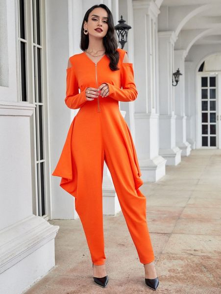 

cold shoulder zip front solid jumpsuit f1sr#, White