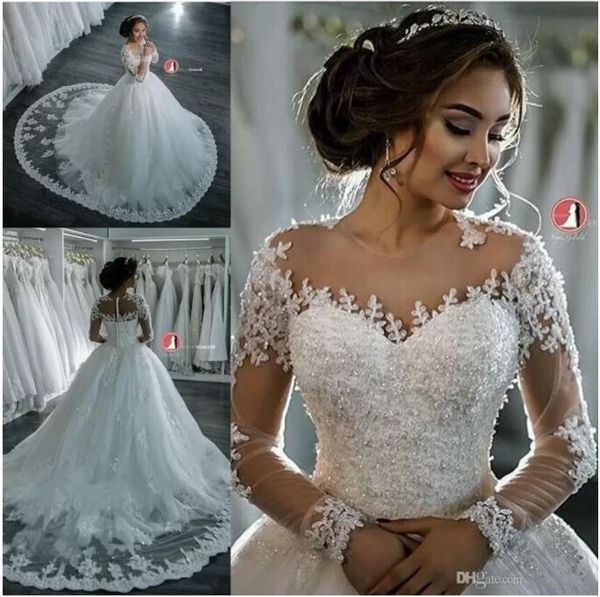 

2022 a line wedding dresses fashion dubai elegant long sleeves sheer crew neck lace appliques beaded vestios de novia bridal gowns with butt, White