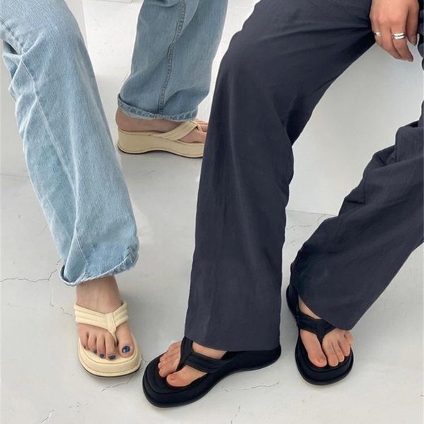 

slippers solid color thick bottom flip flops women clip toe women's ladies platform sandal slides wedge heels beach shoes 2021, Black