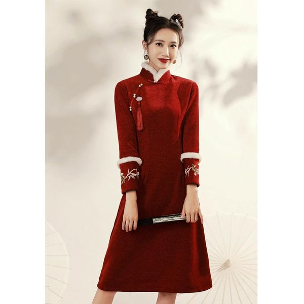 

ethnic clothing red chinese traditional year thickened improved cheongsam 2021 young modern ladies winter retro elegant qipao mini dresses
