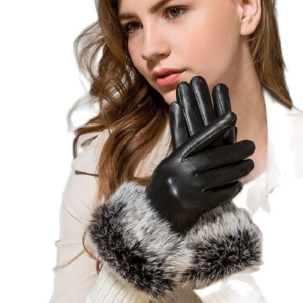 

five fingers gloves winter accessories for felmale sheep skin leather ladies warm lovely fur glove, Blue;gray