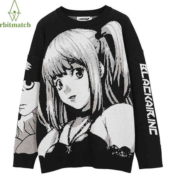 

oversize mens pullovers japane anime girl cotton knitted loose streetwear hip hop casual wo sweaters, White;black