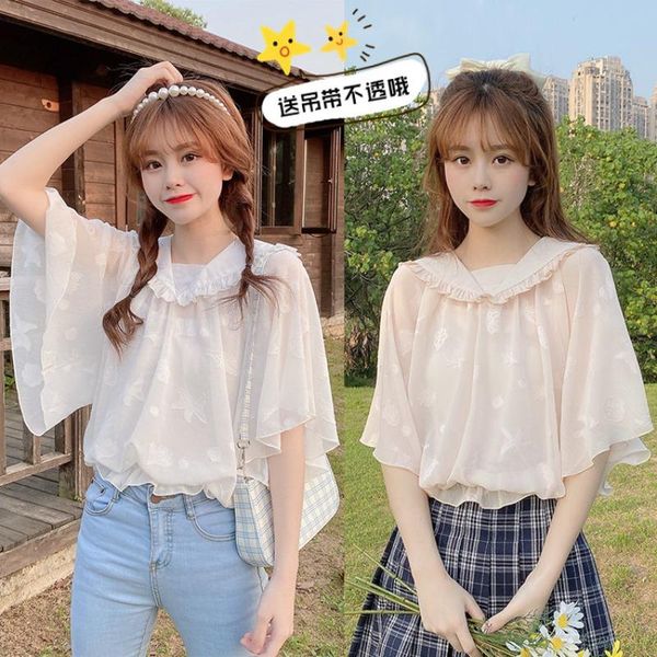 

women's blouses & shirts japanese super fairy loose bat sleeve chiffon blouse summer solid color short shirt sailor collar college sty, White